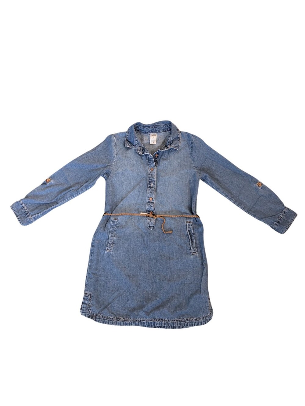 Carter's Blue Jean Button Down Long Sleeve Dress with Braided Belt Girls Size 8